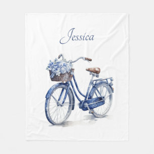 Elegant Delft Blue Floral Bicycle Personalized Fleece Blanket