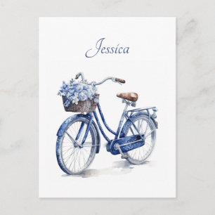 Elegant Delft Blue Floral Bicycle Personalized Postcard
