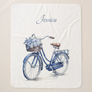 Elegant Delft Blue Floral Bicycle Personalized Sherpa Blanket