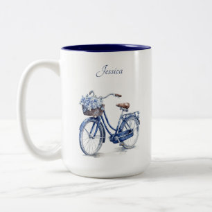 Elegant Delft Blue Floral Bicycle Personalized Two-Tone Coffee Mug