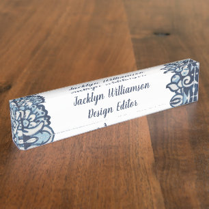 Elegant Delft Blue White Floral Personalized Nameplate