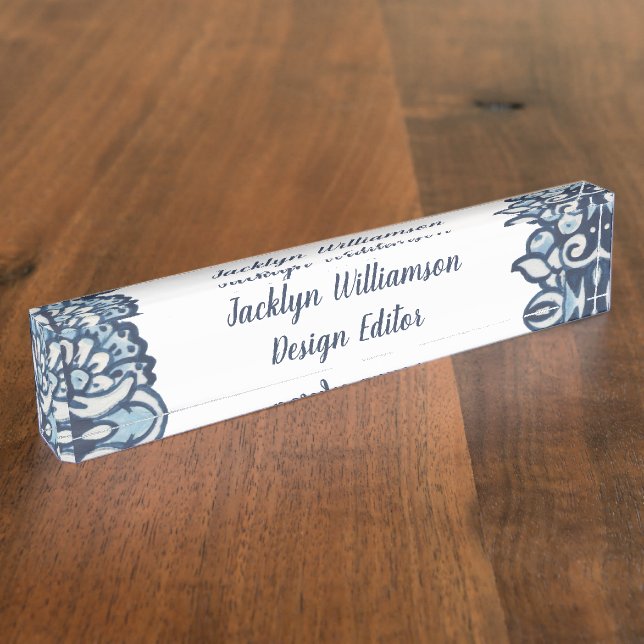 Elegant Delft Blue White Floral Personalized Nameplate (Side)