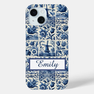 Elegant Delft Tiles Personalized iPhone 15 Case