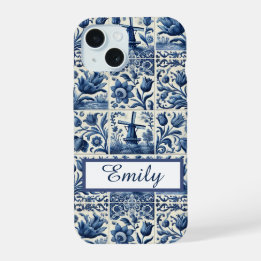 Elegant Delft Tiles Personalized iPhone 15 Case