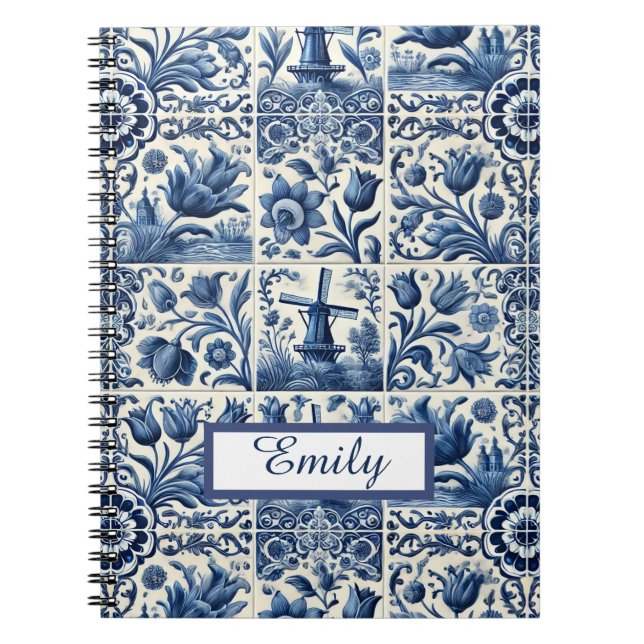 Elegant Delft Tiles Personalized Notebook (Front)