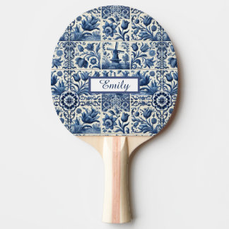 Elegant Delft Tiles Personalized Ping Pong Paddle