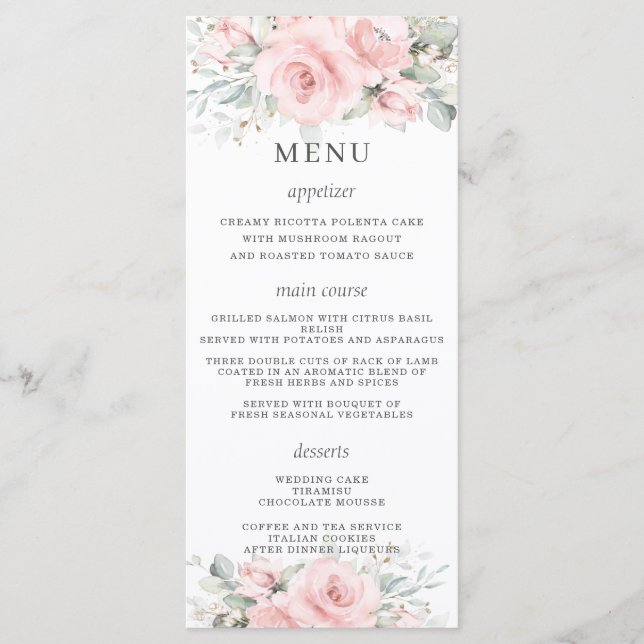 Elegant Delicate Blush Pink Floral Wedding Menu (Front)
