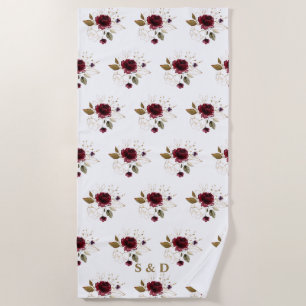 Elegant Delicate Burgundy Gold Flowers Monogram Beach Towel