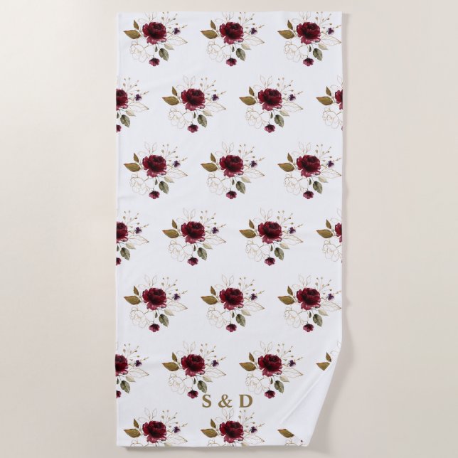 Elegant Delicate Burgundy Gold Flowers Monogram Beach Towel (Front)