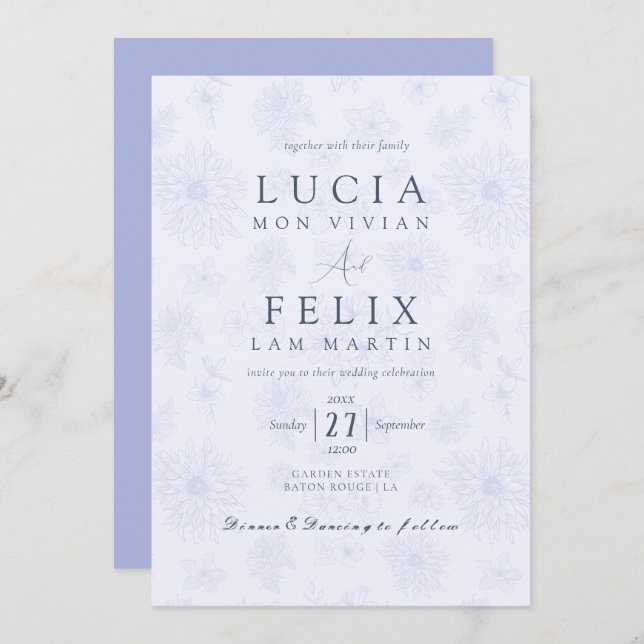 Elegant Delicate Dusty Blue Shadow floral Wedding Invitation (Front/Back)