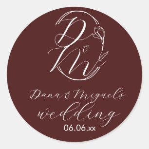 Elegant Delicate Floral Wedding Logo Deep Burgundy Classic Round Sticker