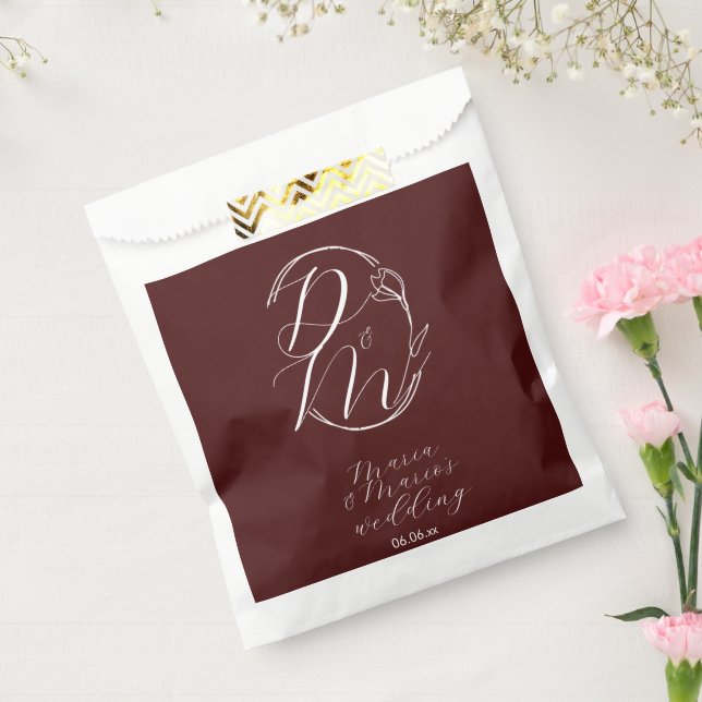Elegant Delicate Floral Wedding Logo Deep Burgundy Favour Bag (Sealed)