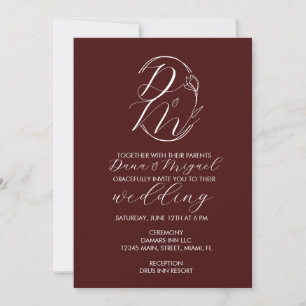 Elegant Delicate Floral Wedding Logo Deep Burgundy Invitation