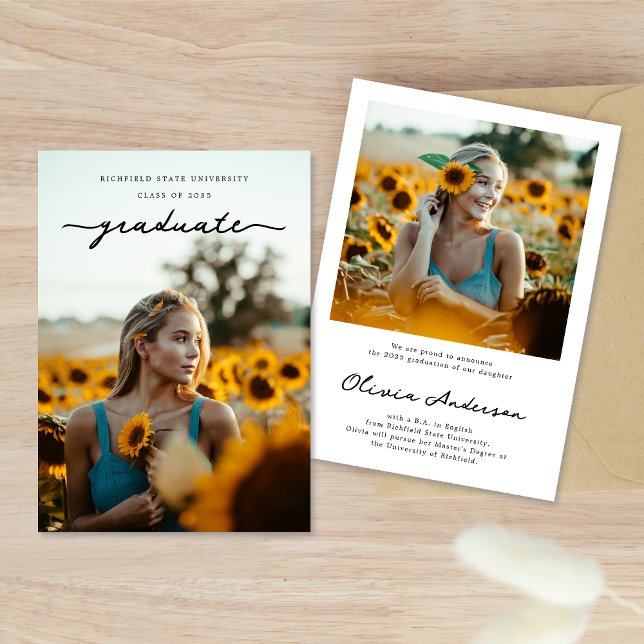 Elegant Delicate Graduate Script Photo Graduation Announcement (Creator Uploaded)