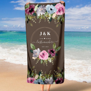 Elegant Delicate Pressed Floral Monogram Wedding Beach Towel