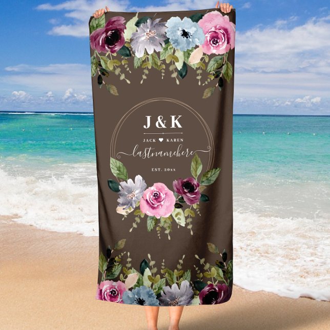  Elegant Delicate Pressed Floral Monogram Wedding Beach Towel (Elegant Delicate Pressed Floral Monogram Wedding Beach Towel)