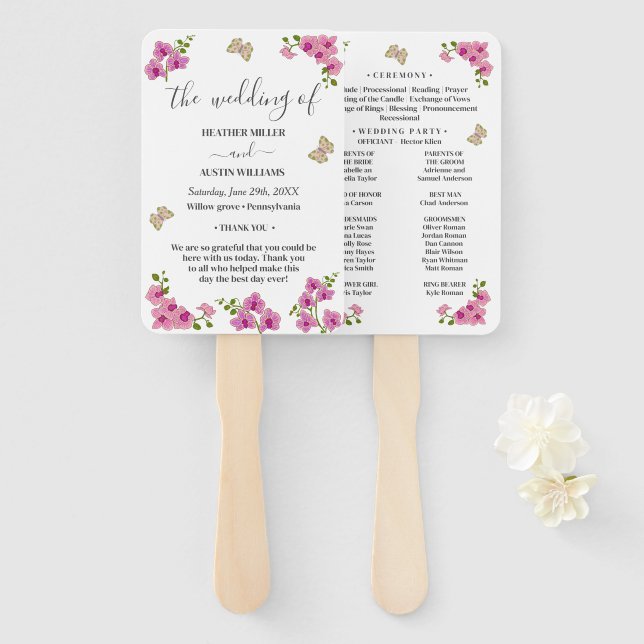 Elegant Delicate Purple Orchids Wedding Program Hand Fan (Front and Back)