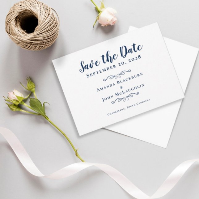 Elegant Delicate Script Romantic Calligraphy Blue Save The Date (Creator Uploaded)