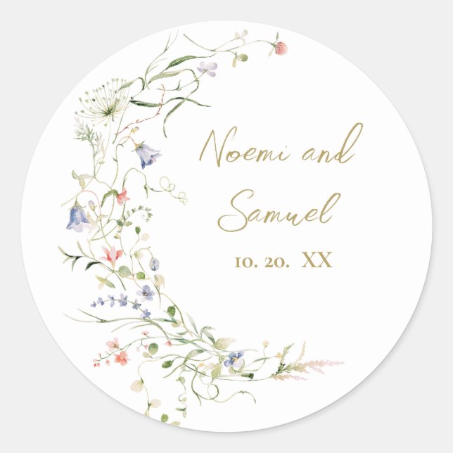 Elegant Delicate Watercolor Wildflower Wedding Classic Round Sticker (Front)