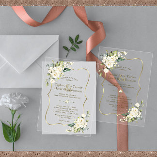 Elegant Delicate White Flowers Gold Wedding Acrylic Invitations