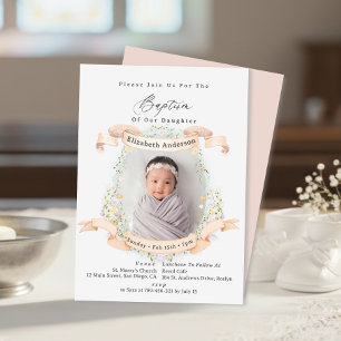 Elegant Delicate Wildflowers Baby Photo Baptism Invitation