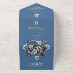 Elegant Denim & Navy Floral Custom Photo Wedding All In One Invitation