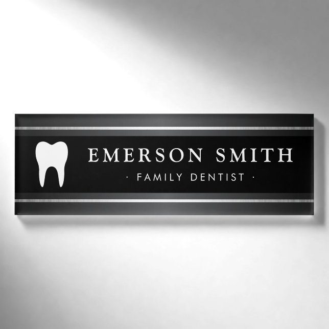 Elegant dentist dental white tooth dark name tag (Front)