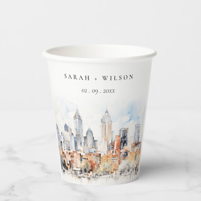 Elegant Denver Colorado Skyline Watercolor Wedding Paper Cups (Front)