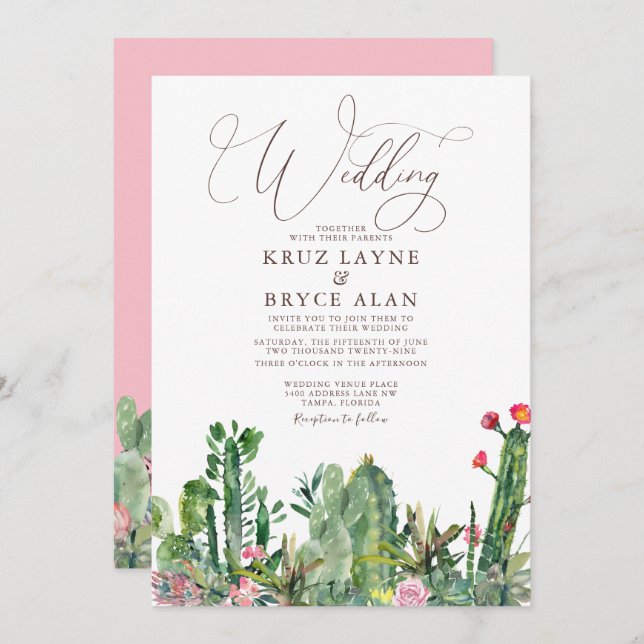 Elegant Desert Cacti Succulents Wedding Invitation (Front/Back)