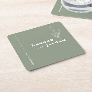 Elegant Desert Cactus Green Wedding Square Paper Coaster