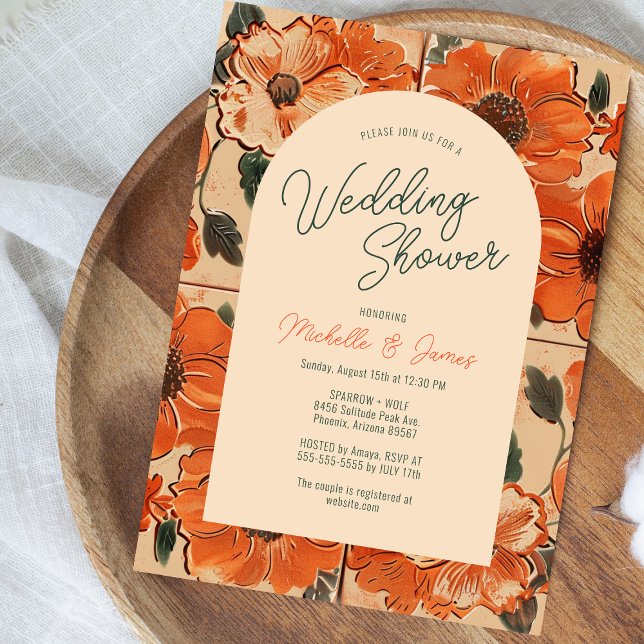 Elegant Desert Oasis Terracotta Wedding Invitation (A wedding shower invite with orange poppies, honoring Michelle & James, )