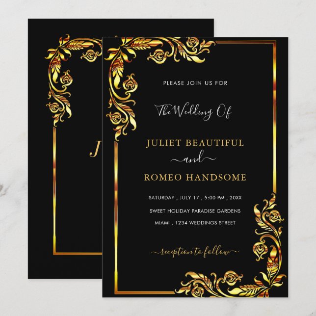 Elegant Design Black Gold Wedding Invitation (Front/Back)