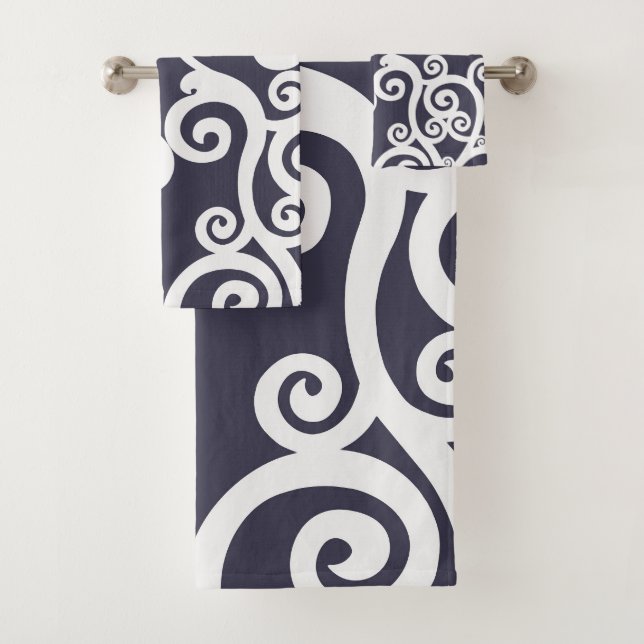 Elegant design, floral pattern, navy blue, white bath towel set (Insitu)