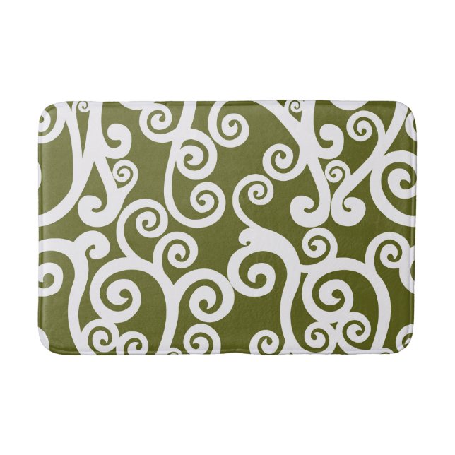 Elegant design, floral pattern, olive green, white bath mat (Front)