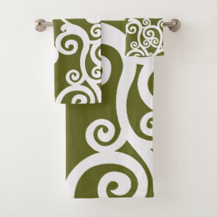 Elegant design, floral pattern, olive green, white bath towel set