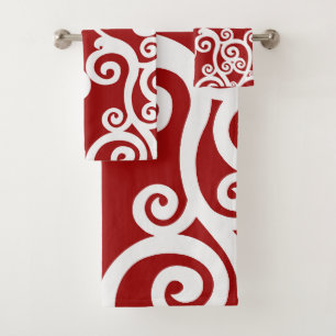 Elegant design, floral pattern, red, white bath towel set