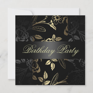 Elégant design or/fleur noir Invitation d'annivers