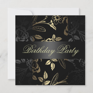 Elégant design or/fleur noir Invitation d'annivers