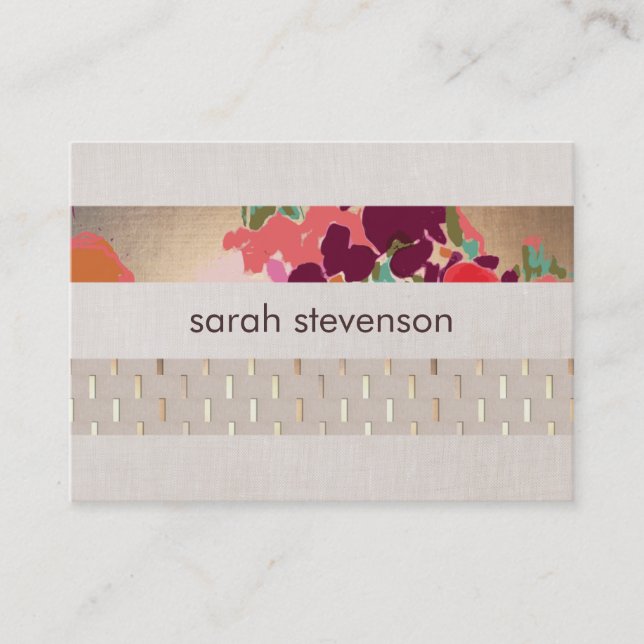 Elegant Designer Floral Chic Gold & Linen Striped Business Card (Front)