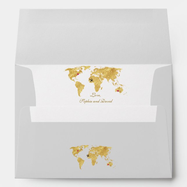 Elegant Destination Gold Foil World Map Wedding Envelope (Back (Bottom))