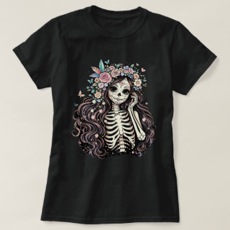 Elegant Día de los Muertos Sugar Skull Girl Floral T-Shirt