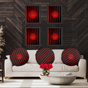 Elegant Diagonal Black Red Stripes Monogram Name  Round Pillow