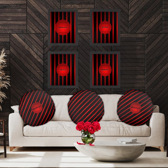 Elegant Diagonal Black Red Stripes Monogram Name  Round Pillow (Stylish, vivid crimson red and black diagonally striped round accent pillows personalized by you)