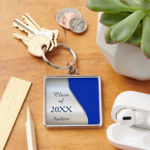 Elegant Diagonal Swirl Blue Silver Graduation Keychain