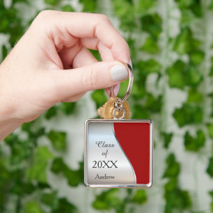Elegant Diagonal Swirl Red Silver Graduation Keychain