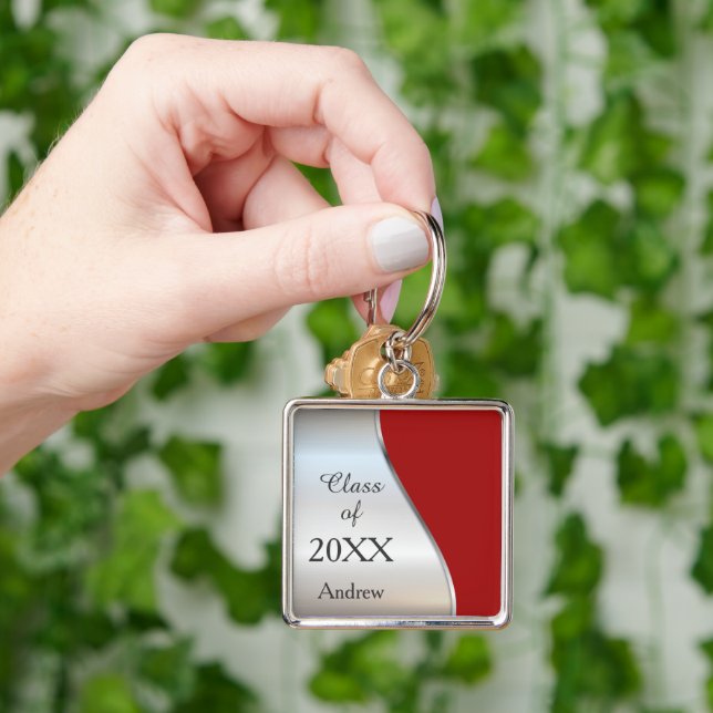 Elegant Diagonal Swirl Red Silver Graduation Keychain (Hand)
