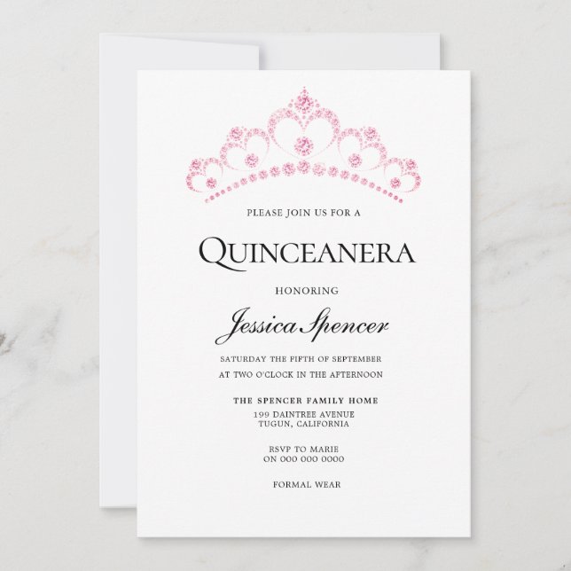 Élégant Diamant rose Tiara Quinceanera Invitation (Devant)