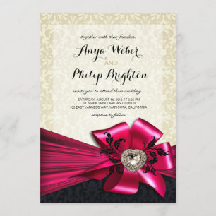 Elegant Diamante Satin Bow Wedding   ivory fuchsia Invitation