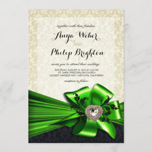 Elegant Diamante Satin Bow Wedding   ivory green Invitation