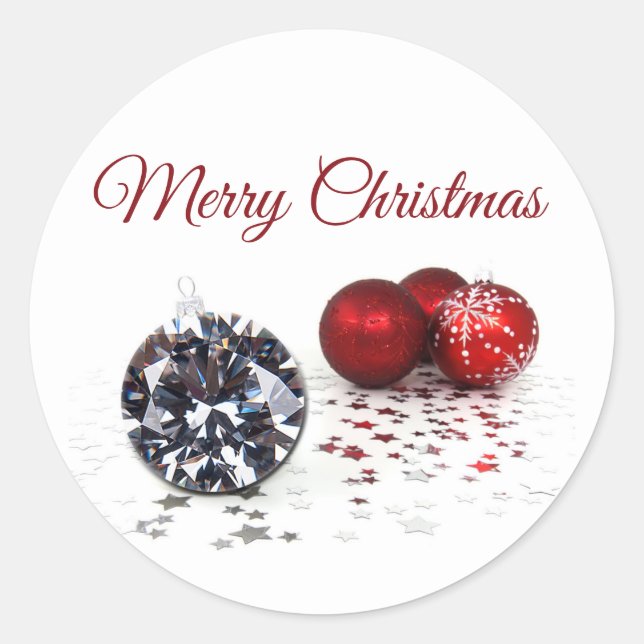 Elegant Diamond and Red Christmas Ornaments Classic Round Sticker (Front)